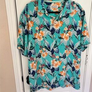 Tommy Bahama Men's XL 100% Silk Tropical Hawaiian Floral Camp Shirt Teal/Orange